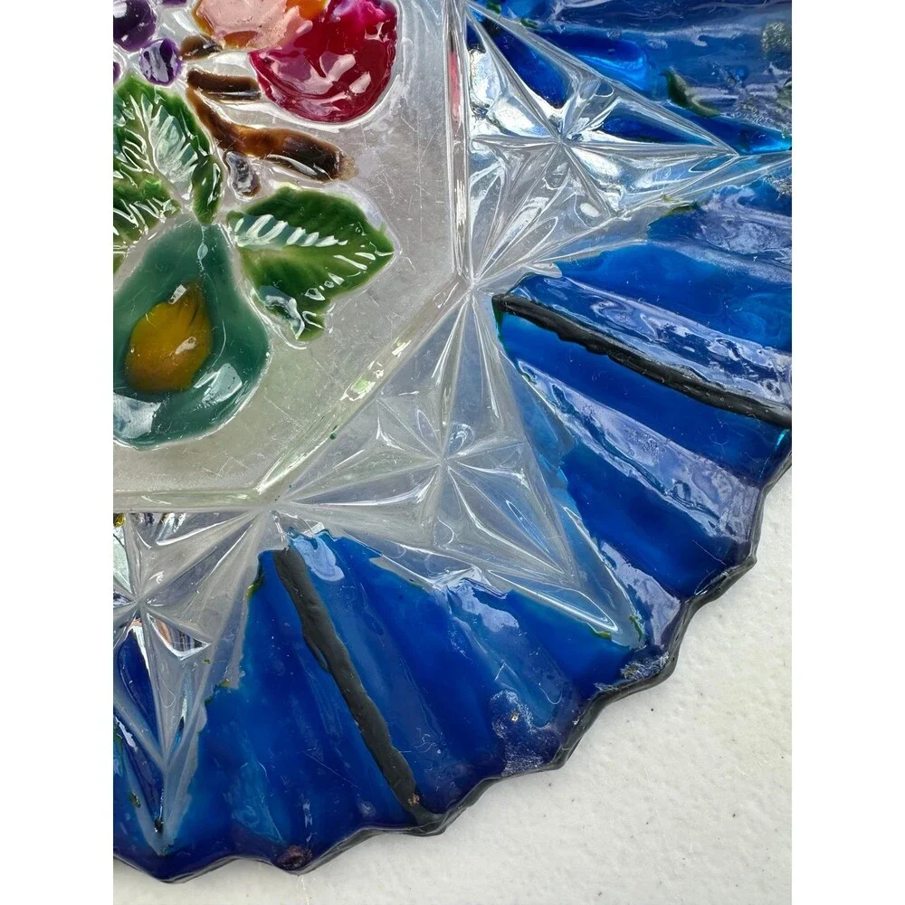 Vintage Hand-Painted Cut To Clear Intaglio Starburst Fruit Motif Crystal Plate